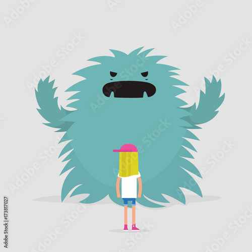 Dealing with the stress conceptual illustration. Huge monster trying to attack a character / Flat editable vector illustration, clip art