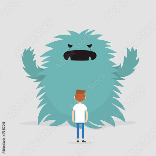 Dealing with the stress conceptual illustration. Huge monster trying to attack a character / Flat editable vector illustration, clip art