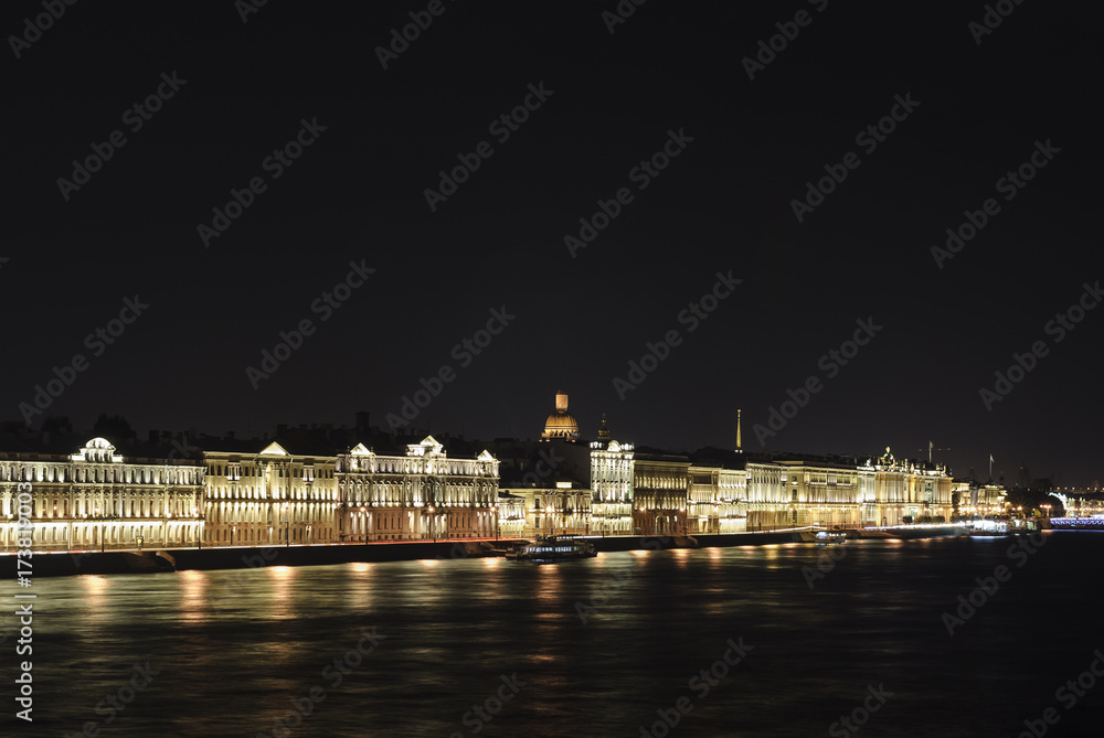 Night St. Petersburg Russia. View of the palace embankment.