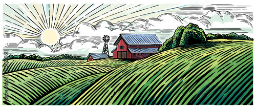Rural landscape with a farm in engraving style and painted in color.