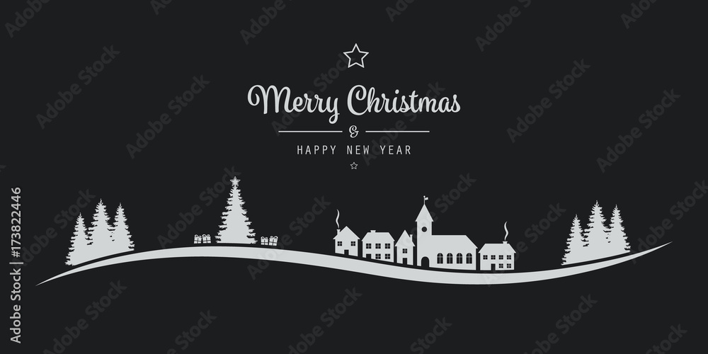 christmas lettering winter landscape village black background