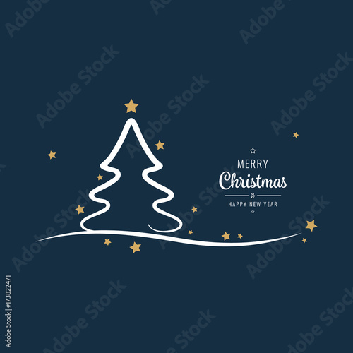 christmas tree stars lettering greetings golden blue background