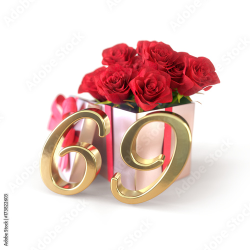 birthday concept with red roses in gift isolated on white background. sixty-nineth. 69th.3D render
