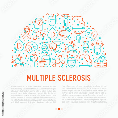 Multiple sclerosis concept in half circle with thin line icons of symptoms and treatments: disorientation, heredity, neuron myelin sheaths, vitamin D. Vector illustration for banner, web page.