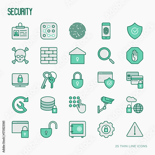 Security and protection thin line icons: data, surveillance camera, finger print, electronic key, password, alarm, safe. Vector illustration.