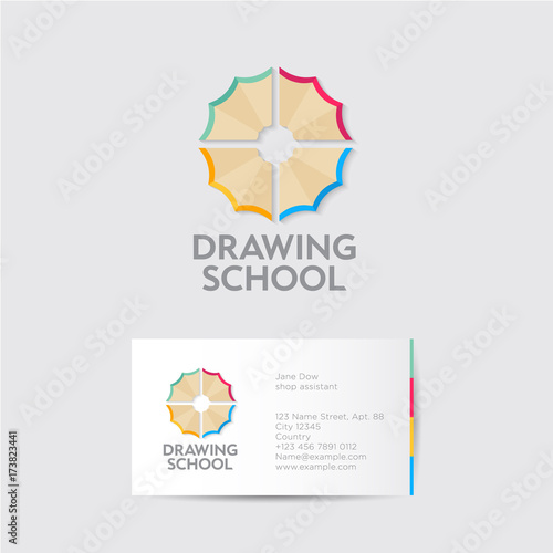 Drawing school logo and identity. Creativity emblems. Multi colored pencil shavings as a flower with business card.