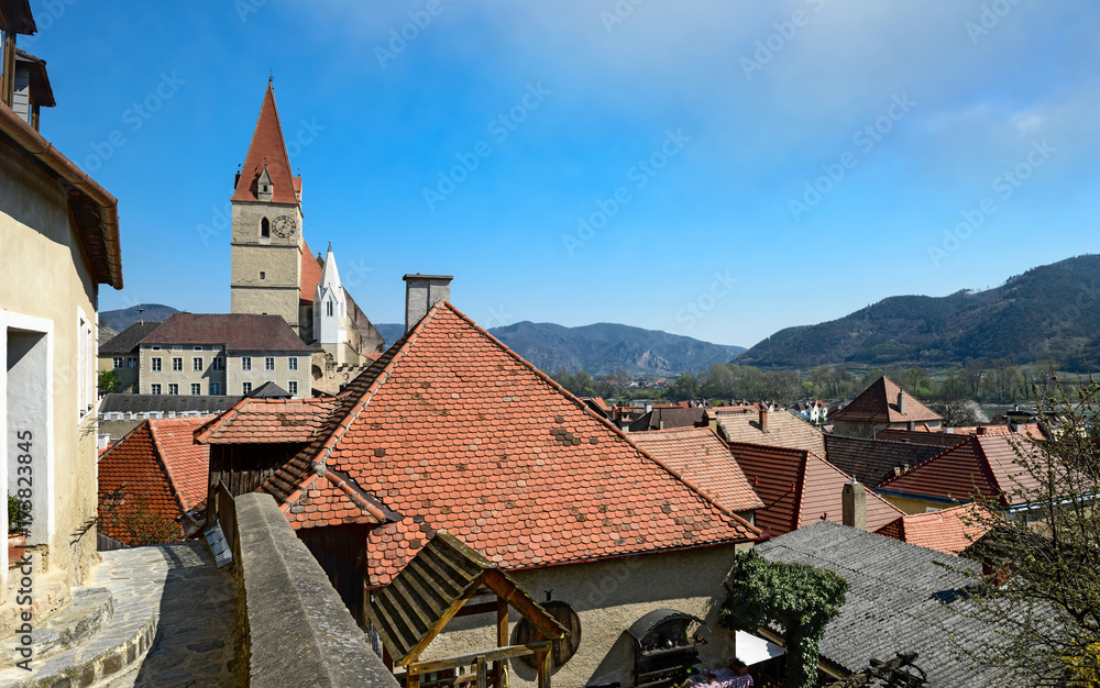 Small town of Weissenkirchen-in-der-Wachau on the bank of the Danube. Wachau-Valley, district of Krems-Land, Lower Austria.