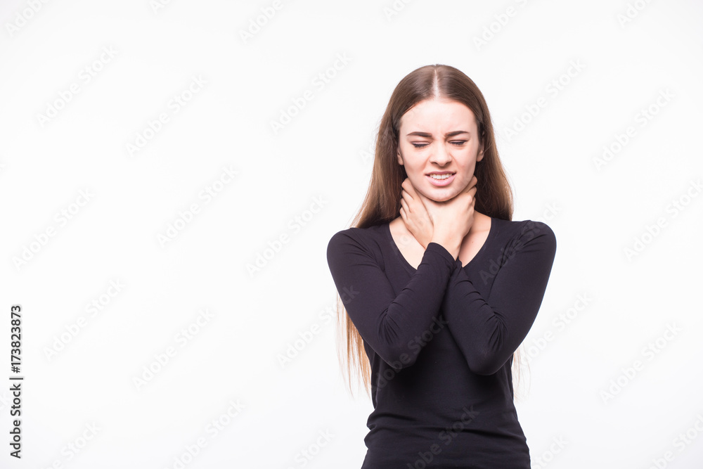 young brunette woman with sore throat, on white young brunette woman with sore throat, on white