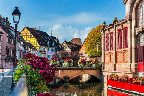Colorful traditional french houses and shops in Colmar, Alsace, France