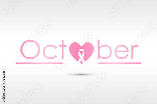 Breast cancer awareness logo and text with a pink ribbon element inside a heart icon. Modern style illustration for breast cancer preventions and marketing advertisements