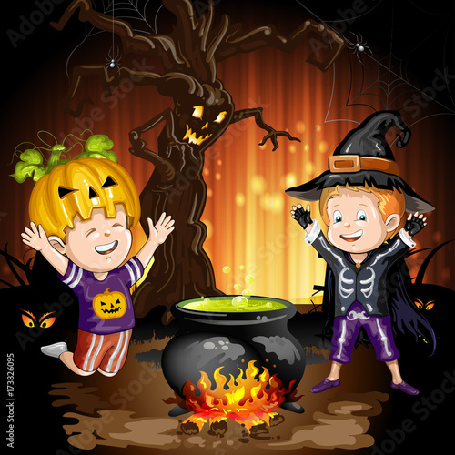 Boys in Halloween costume around the potion boiler