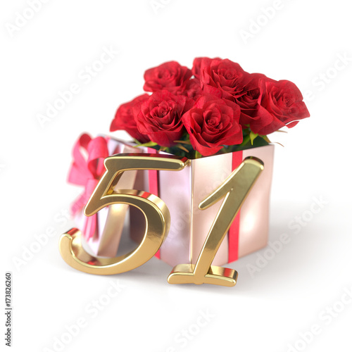 birthday concept with red roses in gift isolated on white background. fifty-first. 51st. 3D render