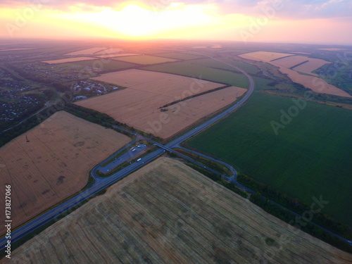 Aerial view of beautiful village, houses, roads.