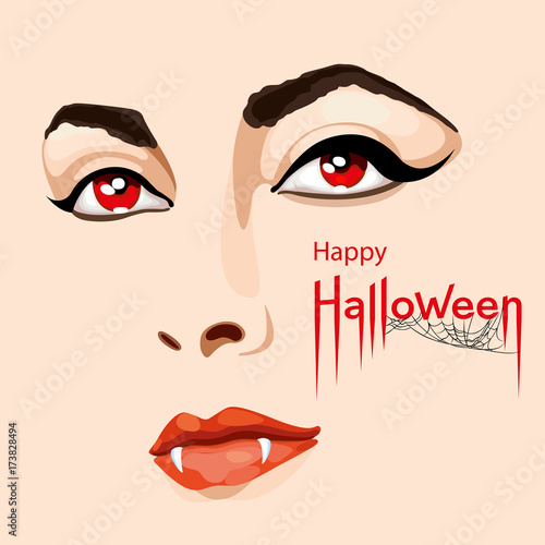 Happy Halloween card. Pretty woman's face with scary vampire fangs and red eyes. Happy Halloween lettering with spider web. Vector Illustration