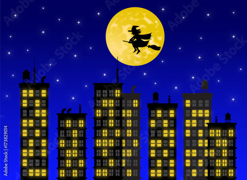 Befana che vola sopra la città di notte