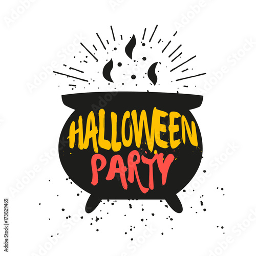 Silhouette of cauldron with lettering text Halloween Party. Vector color sticker.