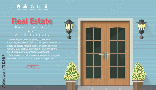 Wooden door of house, architecture background, building home real estate backdrop