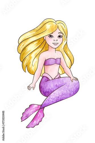 Beautiful Mermaid Girl. Lilac Fairy princess. Blond girl. Watercolor illustration