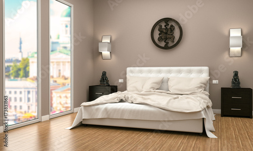 Bedroom in daylight with city background