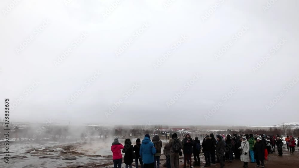 Erupting of the Great Geysir lies in Haukadalur valley on the slopes of Laugarfjall hill. Erlie morning in Southwestern Iceland Erupting of the Great Geysir lies in Haukadalur valley on the slopes of Laugarfjall hill. Erlie morning in Southwestern Iceland