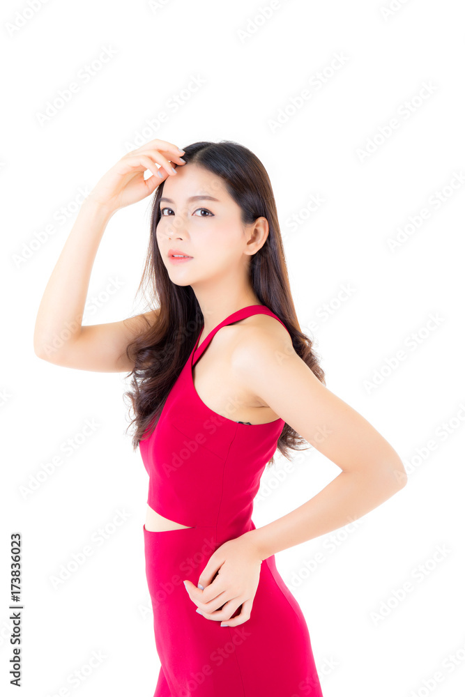 Beautiful young asian woman with red dress of portrait with beside isolated on white background. female model concept. Beautiful young asian woman with red dress of portrait with beside isolated on white background. female model concept.