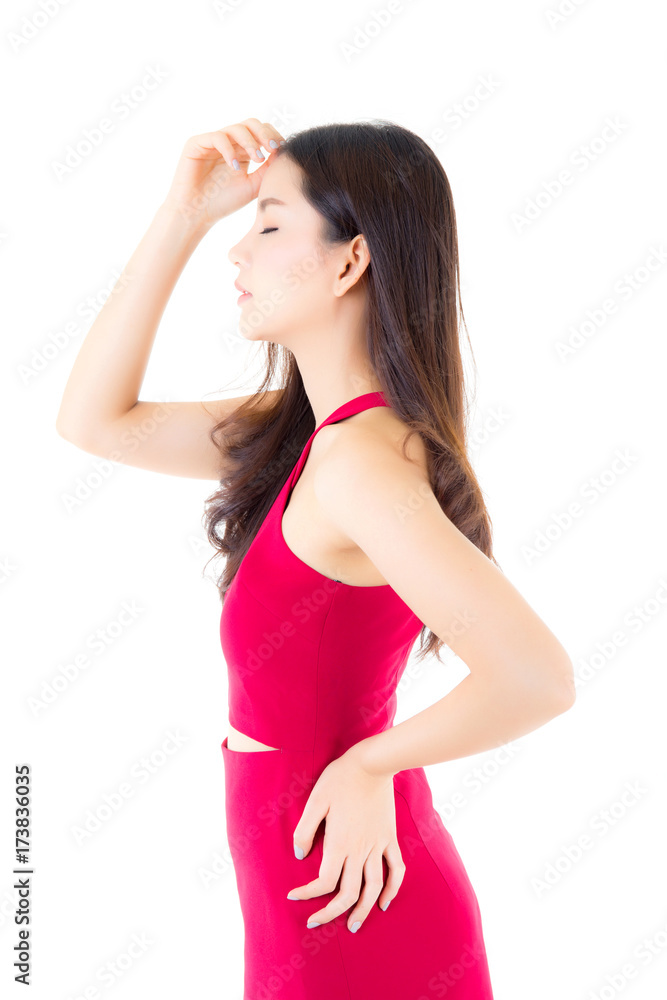 Beautiful young asian woman with red dress of portrait with beside isolated on white background. female model concept. Beautiful young asian woman with red dress of portrait with beside isolated on white background. female model concept.