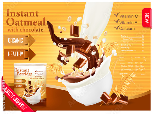 Instant oatmeal with chocolate advert concept. Milk flowing into a bowl with grain and chocolate. Vector.