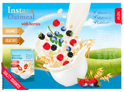Instant oatmeal with strawberry advert concept. Milk flowing into a bowl with grain and berries. Vector.