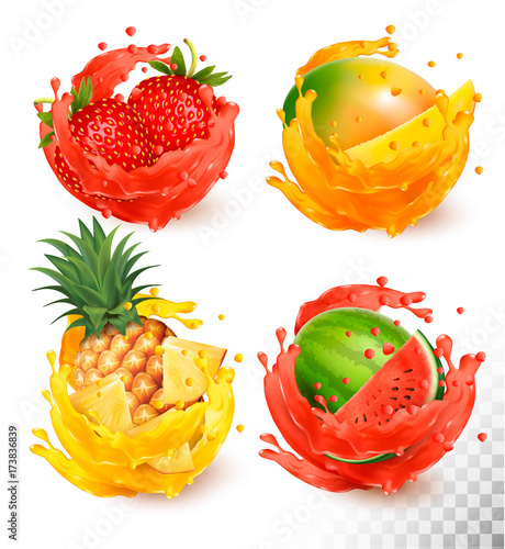 Set of fruit juice splash. Mango, strawberry, watermelon, pineapple, Vector