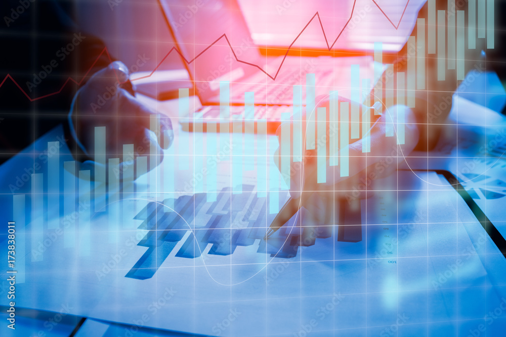 Double exposure business people working at office. Stock markets financial or Investment strategy background Business chart concept Double exposure business people working at office. Stock markets financial or Investment strategy background Business chart concept