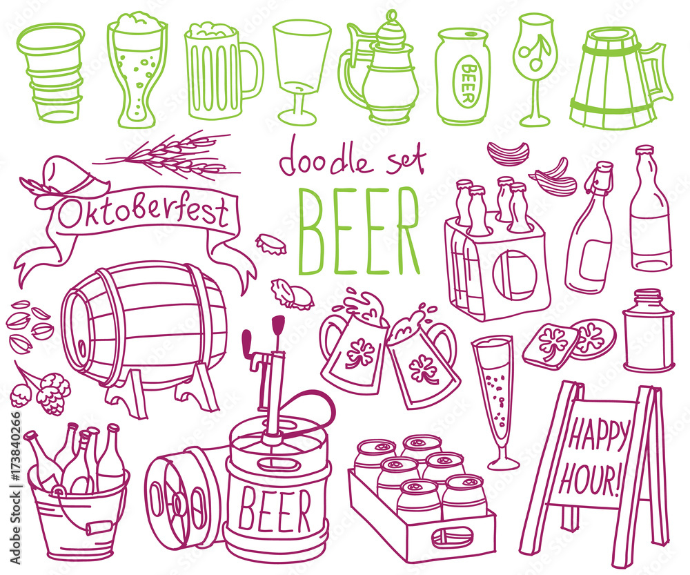 Beer and brewery doodle set. Bottles, mugs, glasses and Oktoberfest party attributes. Vector drawing isolated on white background. Beer and brewery doodle set. Bottles, mugs, glasses and Oktoberfest party attributes. Vector drawing isolated on white background.