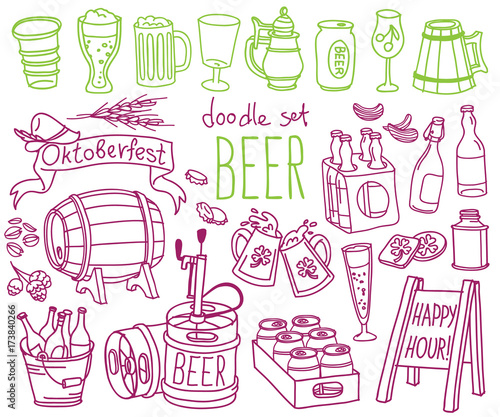 Beer and brewery doodle set. Bottles, mugs, glasses and Oktoberfest party attributes. Vector drawing isolated on white background.
