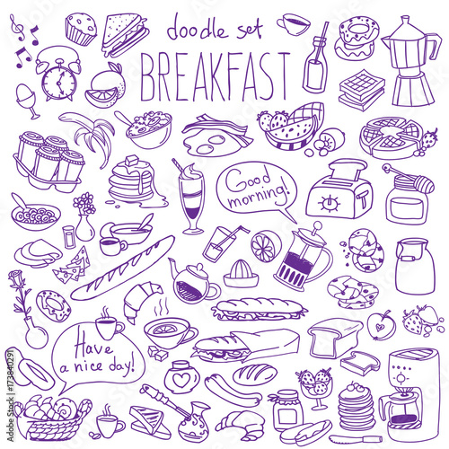 Traditional breakfast and brunch food and drinks doodle set. Vector drawing isolated on white background.