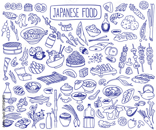 Japanese cuisine doodle set. Traditional food and drinks - sushi, noodles, ramen, udon, yakitori. Freehand vector drawing isolated on white background.