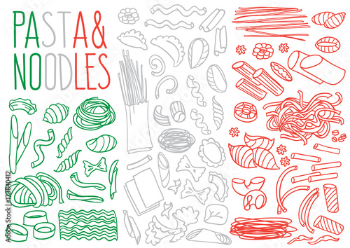 Various types of pasta, spaghetti and noodles. Italian cuisine doodle set.  Freehand vector drawing isolated on white background.