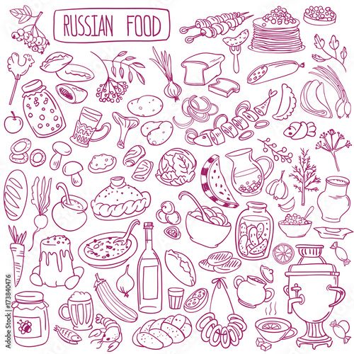 Russian cuisine doodle set. Traditional ingredients, food and drinks - caviar, pancakes, soups, pelmeni, pirozhki, vodka. Freehand vector drawing isolated on white background.