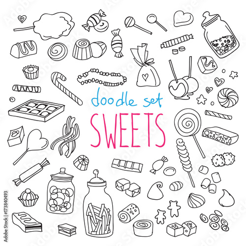 Sweets doodle set. Candies, chocolate, caramel, desserts, snacks for kids party menu. Vector drawing isolated on white background.