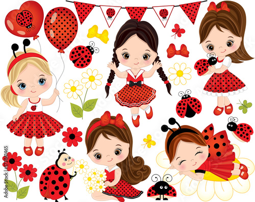 Vector Set with Cute Little Girls and  Ladybugs