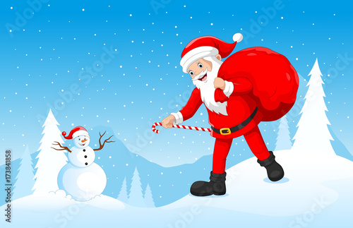 Happy Santa Claus brings gift bags with winter background