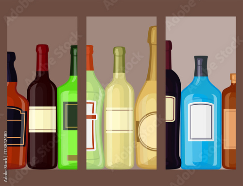 Alcohol drinks beverages cocktail cards bottle lager container drunk glasses vector illustration.