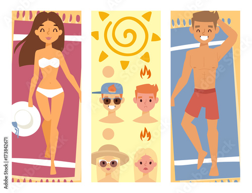 People sunshine tan beach outdoors summer suntan sun characters skin protection sunburn vector illustration.