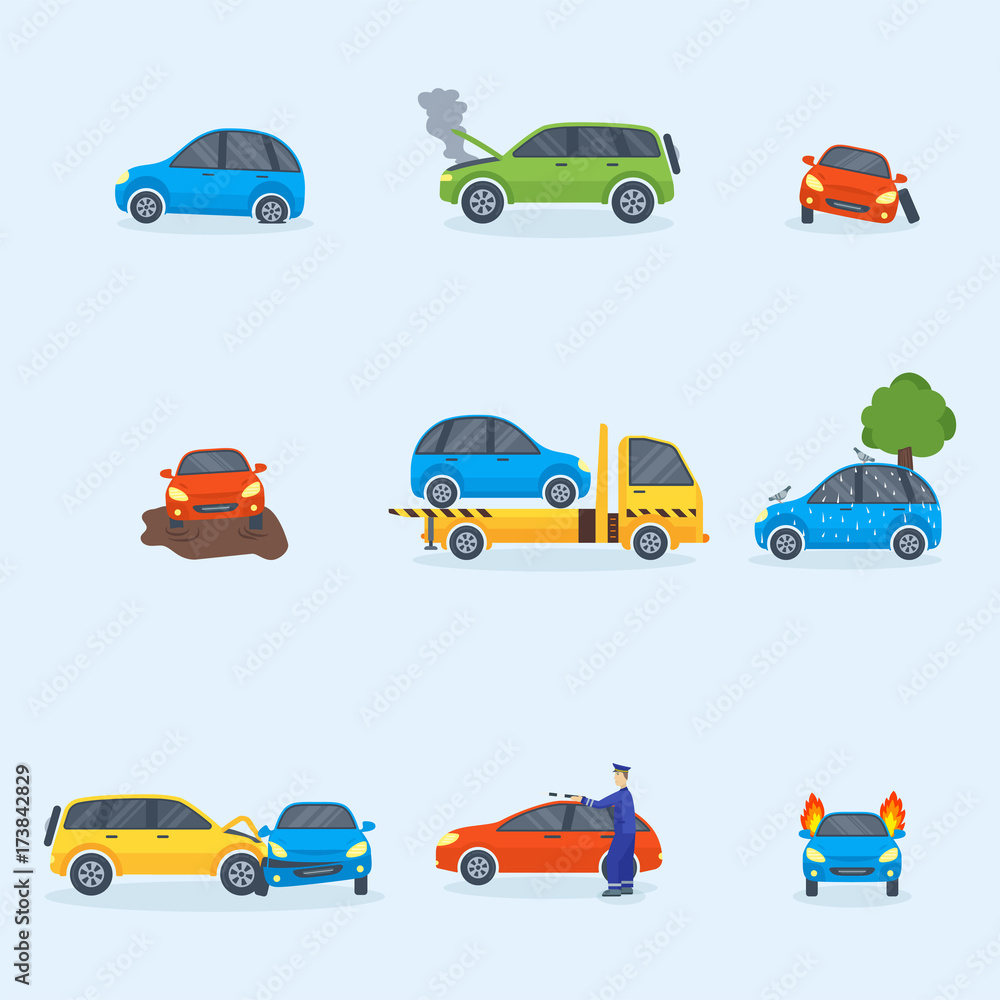 Car crash collision traffic insurance safety automobile emergency disaster and emergency repair transport vector illustration. Car crash collision traffic insurance safety automobile emergency disaster and emergency repair transport vector illustration.
