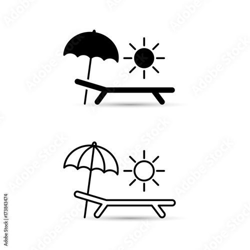 Deck-chair, sun and umbrella on a beach. Relaxation, travel, vacation symbol. Vector.