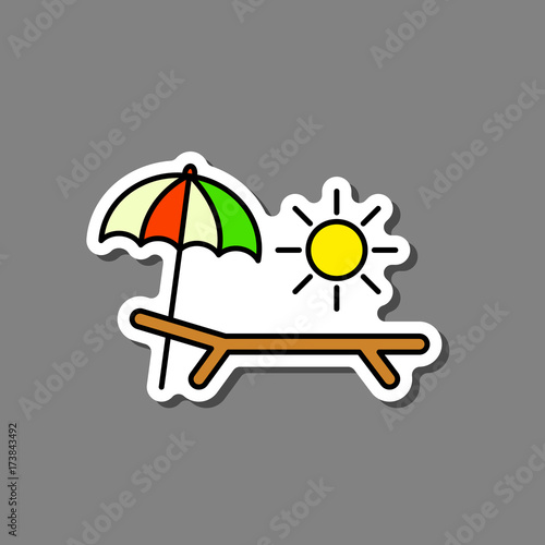 Deck-chair, sun and umbrella on a beach sticker. Relaxation, travel, vacation symbol. Vector.