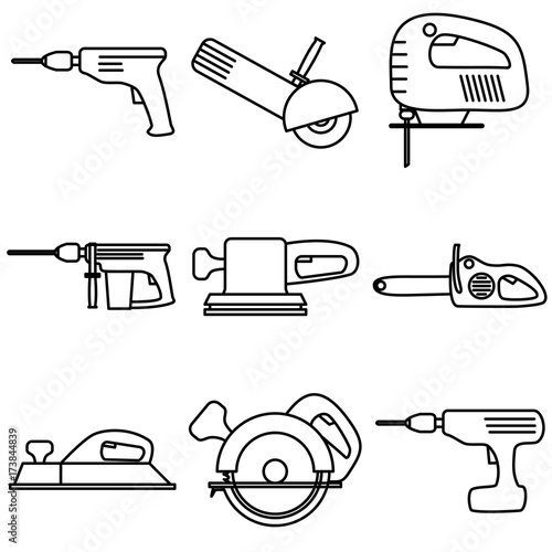 Vector Thin Line Icons for Electric Tools. Editable Line. Collection 24. Linear Symbols Set: Drill, Cutting machine, Jigsaw, Perforator, Grinder, Chain saw, Jointer, Circular saw, Screwdriver.