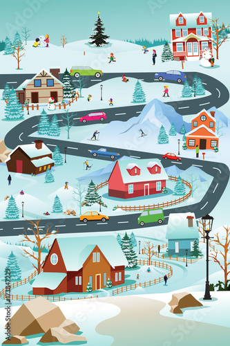 Winter Village With People Cars and Buildings Illustration