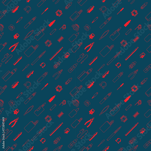 vape patterns of e cigarette, e liquid, vape devices and tools, vaping seamless background. 