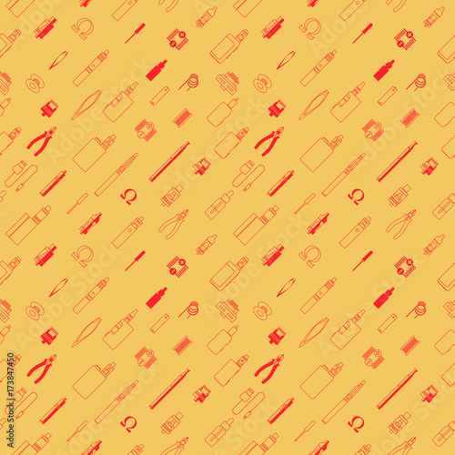 vape patterns of e cigarette, e liquid, vape devices and tools, vaping seamless background. 