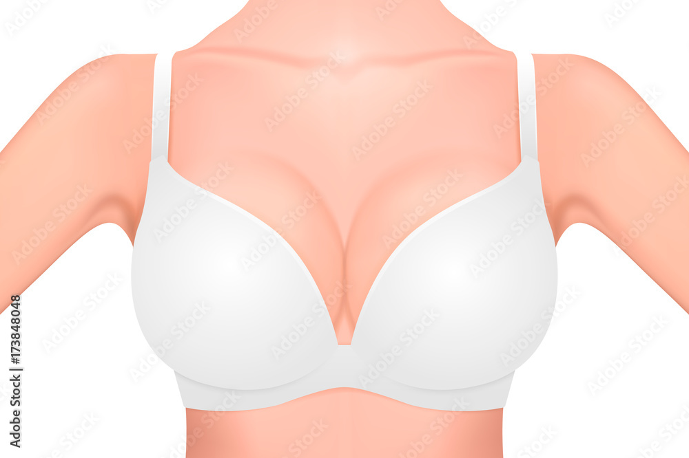 Beautiful realistic female breast in a white bra close-up isolated