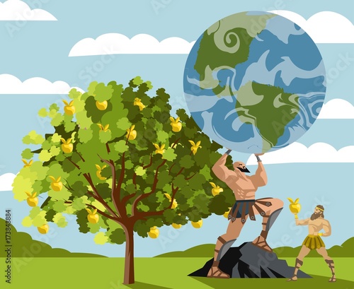 hercules taking golden apples from a tree and atlas holding the globe